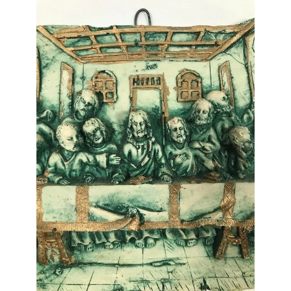 Vintage Last Supper 3D Relief Wall Plaque Scroll Design Teal Gold Religious Art